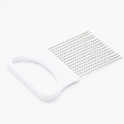 Stainless steel vegetable holder securely gripping various produce for precise slicing and dicing in the kitchen