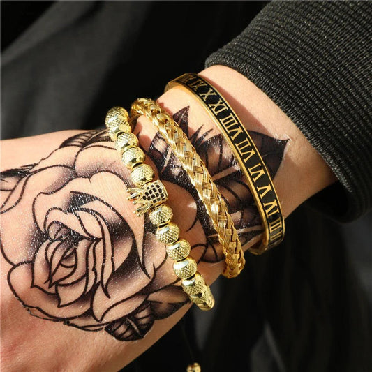 Woven bracelet set with elegant crown design, featuring stainless steel and copper construction for durability and style