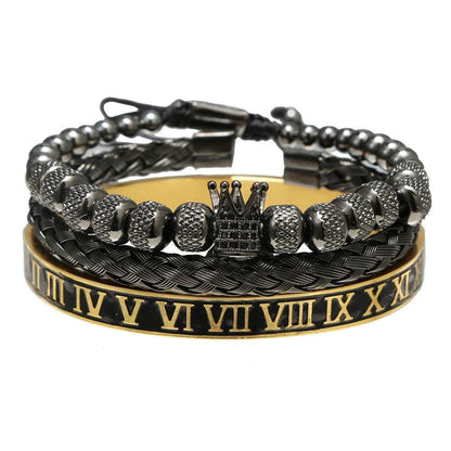 Woven bracelet set with elegant crown design, featuring stainless steel and copper construction for durability and style