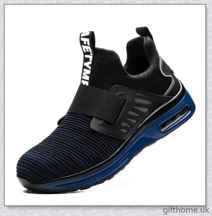 Pair of air cushion shock-absorbing steel toe safety shoes in various colours, including olive green, sky blue, and sea gold