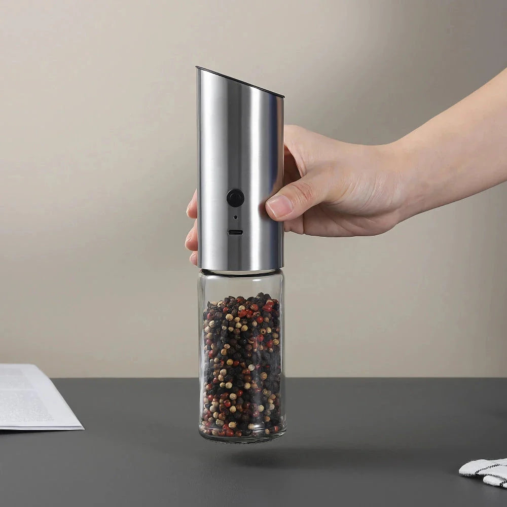 Trendha Electric Salt and Pepper Grinder in stainless steel and black finishes, featuring automatic gravity operation and adjustable coarseness settings.