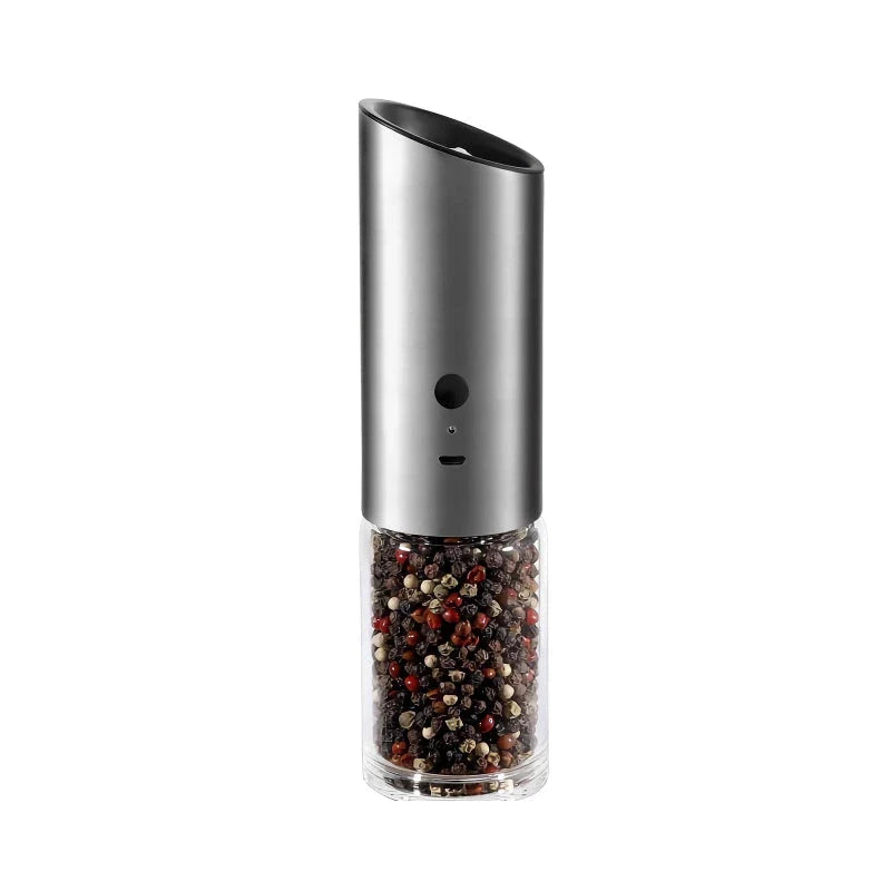 Trendha Electric Salt and Pepper Grinder in stainless steel and black finishes, featuring automatic gravity operation and adjustable coarseness settings.