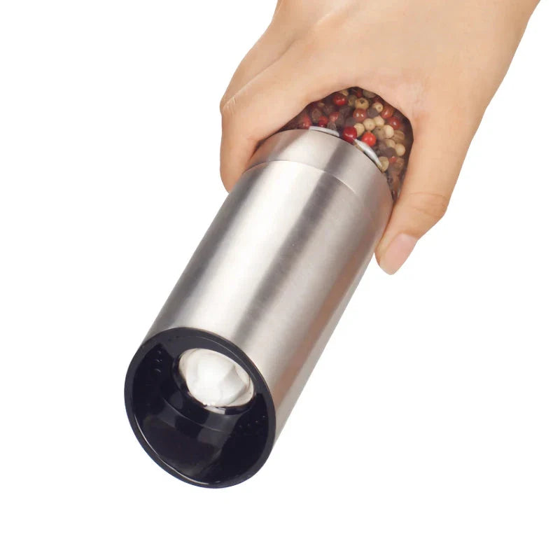 Trendha Electric Salt and Pepper Grinder in stainless steel and black finishes, featuring automatic gravity operation and adjustable coarseness settings.