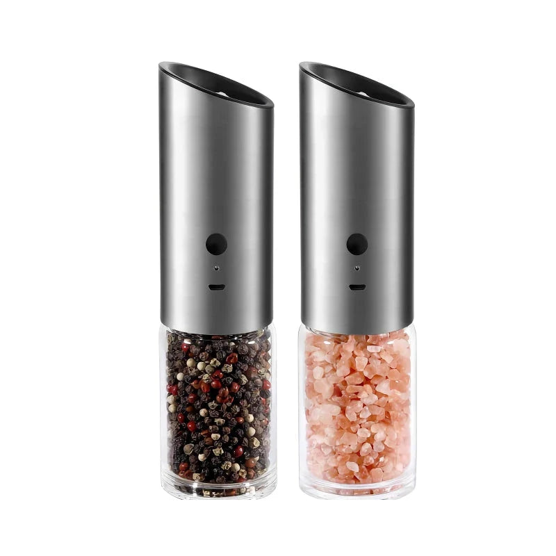 Trendha Electric Salt and Pepper Grinder in stainless steel and black finishes, featuring automatic gravity operation and adjustable coarseness settings.