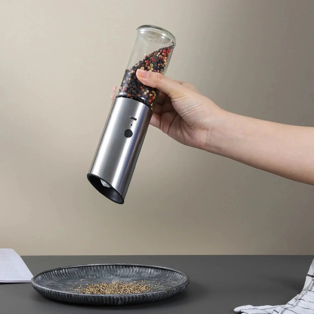 Trendha Electric Salt and Pepper Grinder in stainless steel and black finishes, featuring automatic gravity operation and adjustable coarseness settings.