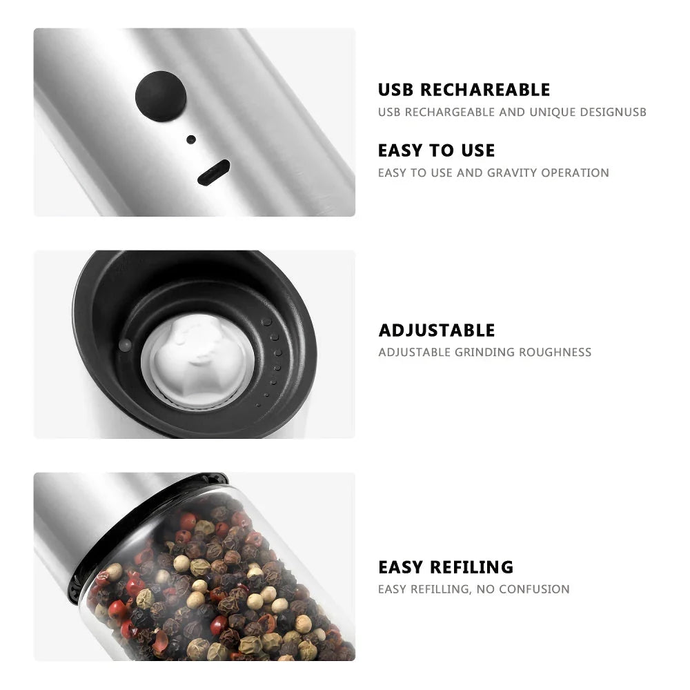Trendha Electric Salt and Pepper Grinder in stainless steel and black finishes, featuring automatic gravity operation and adjustable coarseness settings.