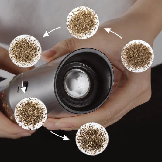 Trendha Electric Salt and Pepper Grinder in stainless steel and black finishes, featuring automatic gravity operation and adjustable coarseness settings.