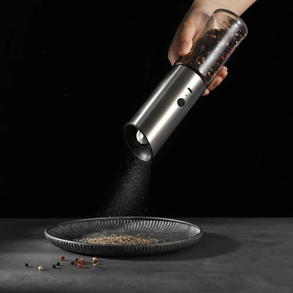 Trendha Electric Salt and Pepper Grinder in stainless steel and black finishes, featuring automatic gravity operation and adjustable coarseness settings.