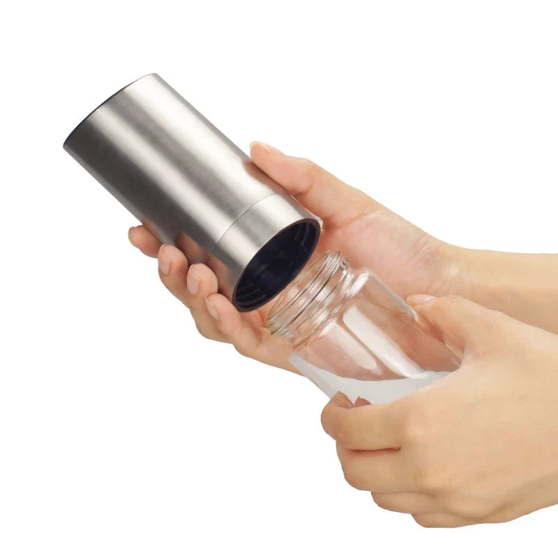Trendha Electric Salt and Pepper Grinder in stainless steel and black finishes, featuring automatic gravity operation and adjustable coarseness settings.