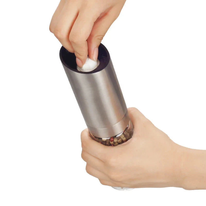 Trendha Electric Salt and Pepper Grinder in stainless steel and black finishes, featuring automatic gravity operation and adjustable coarseness settings.