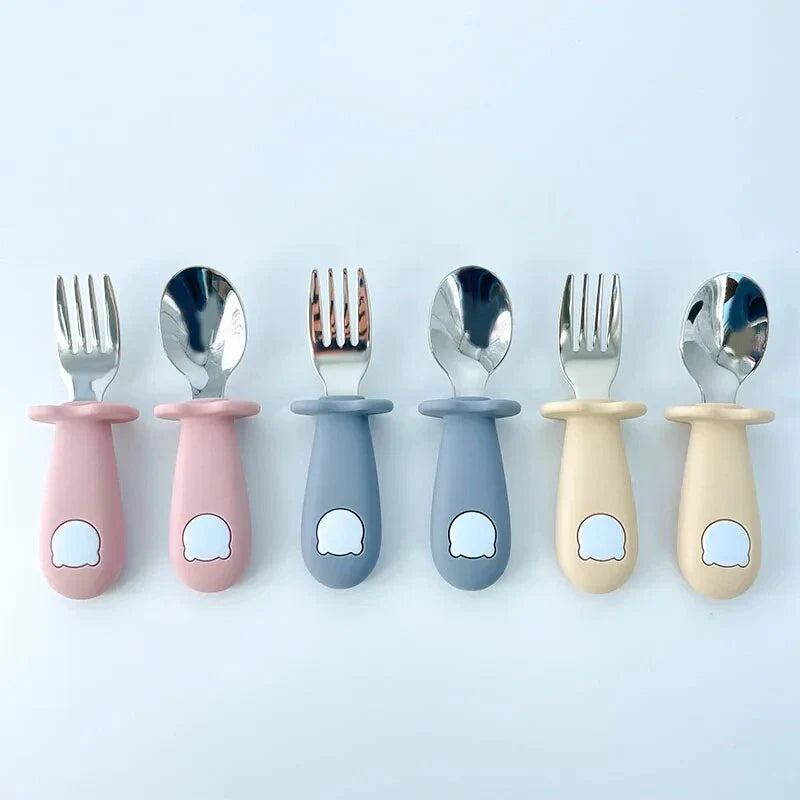 Cartoon Stainless Steel Kids' Cutlery Set with Spoon and Fork in Rose Colour