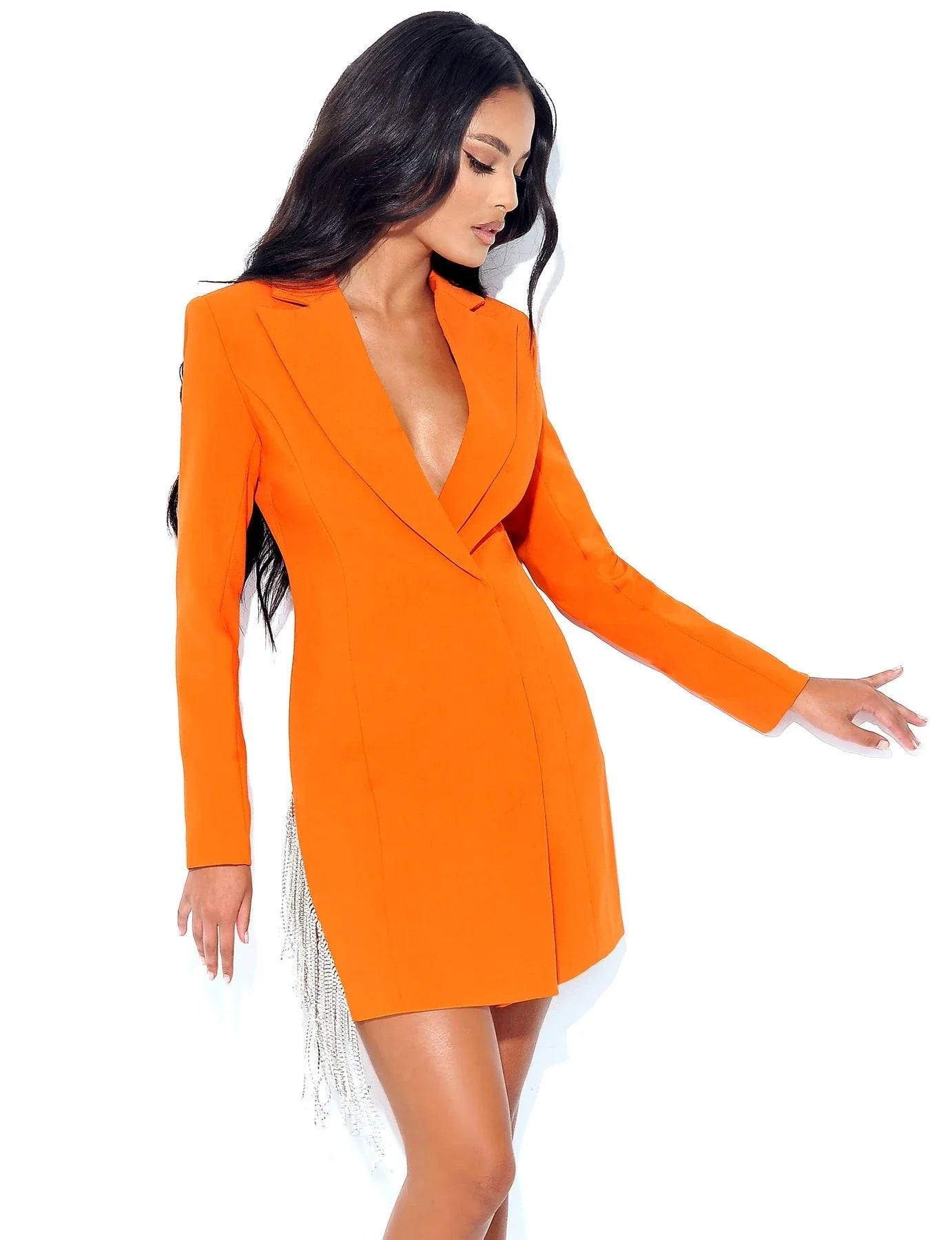 One Shoulder Long Sleeved V Neck Toast Fashion Suit Short Skirt in Orange