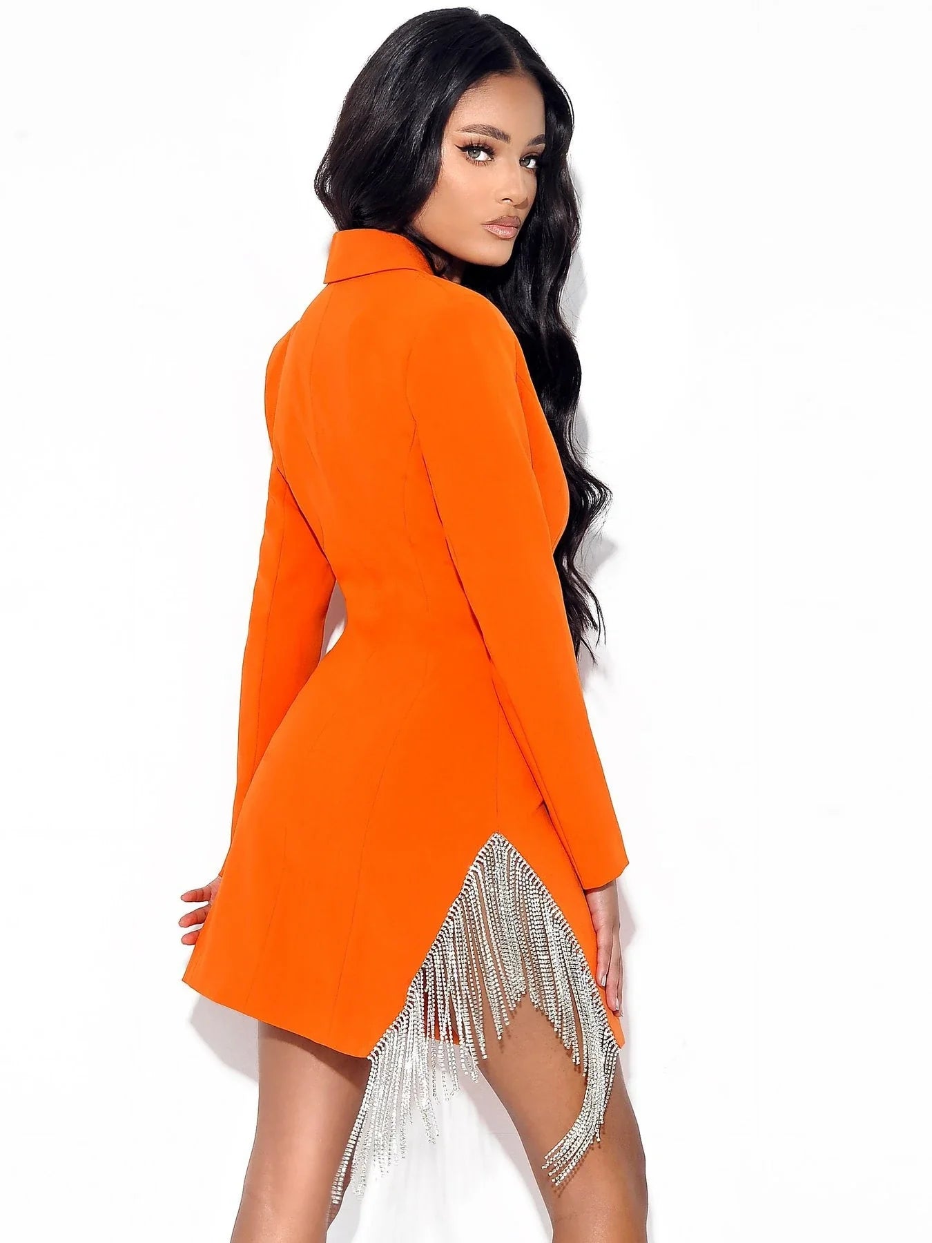 One Shoulder Long Sleeved V Neck Toast Fashion Suit Short Skirt in Orange