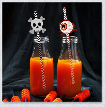 Sipcreep 24Pc Halloween Horror Paper Straws with spooky pumpkin, bat, and skeleton designs