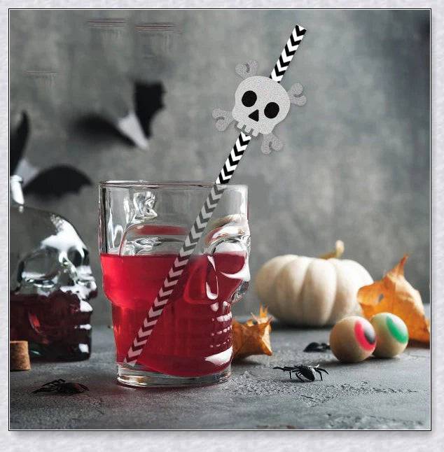 Sipcreep 24Pc Halloween Horror Paper Straws with spooky pumpkin, bat, and skeleton designs