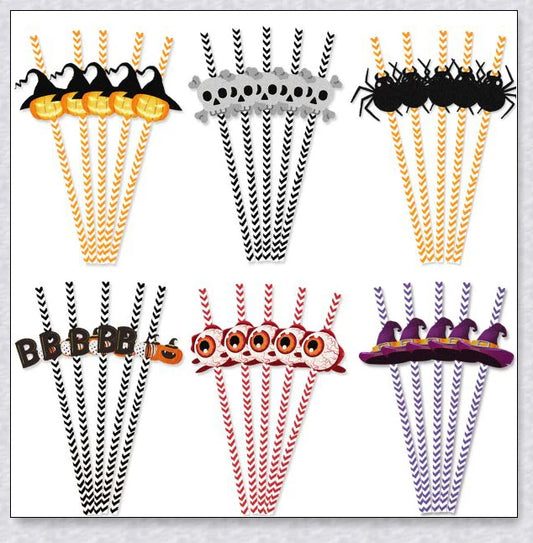 Sipcreep 24Pc Halloween Horror Paper Straws with spooky pumpkin, bat, and skeleton designs