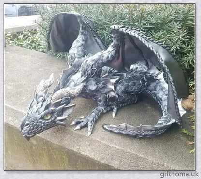 Large handmade resin and metal squatting dragon sculpture, with a mysterious and enchanting design that brings delight to indoor and outdoor spaces.