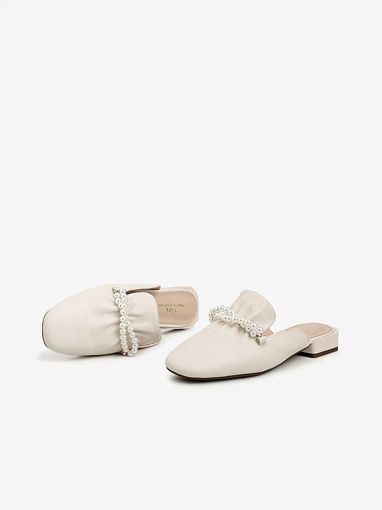 Premium cow leather women's slippers with square toe and pearl decoration