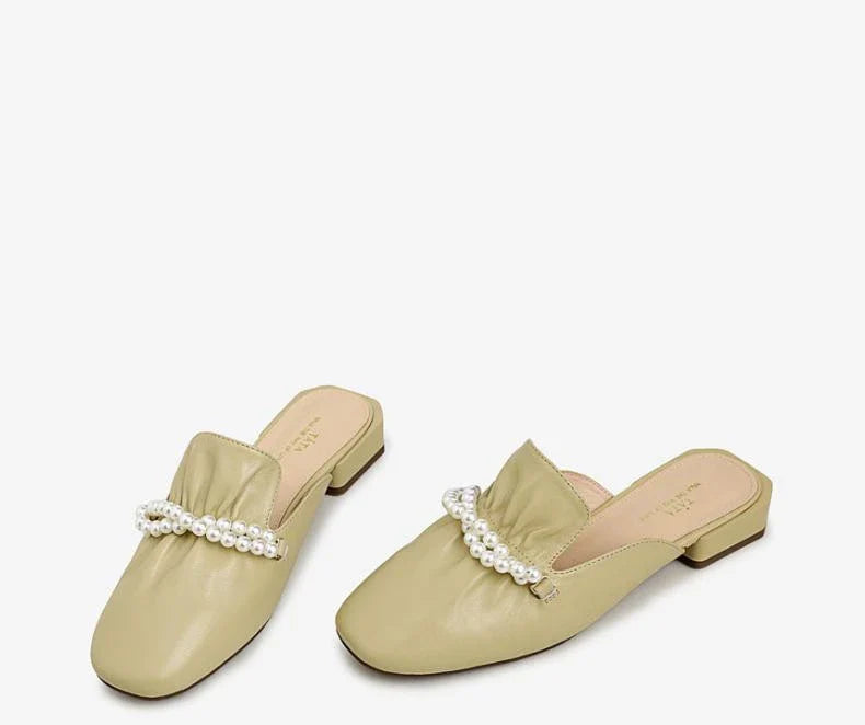 Premium cow leather women's slippers with square toe and pearl decoration