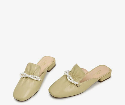 Premium cow leather women's slippers with square toe and pearl decoration