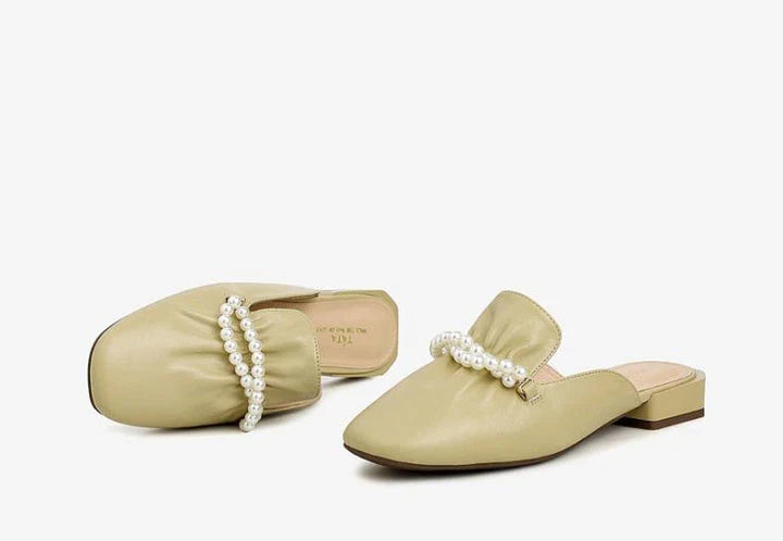 Premium cow leather women's slippers with square toe and pearl decoration