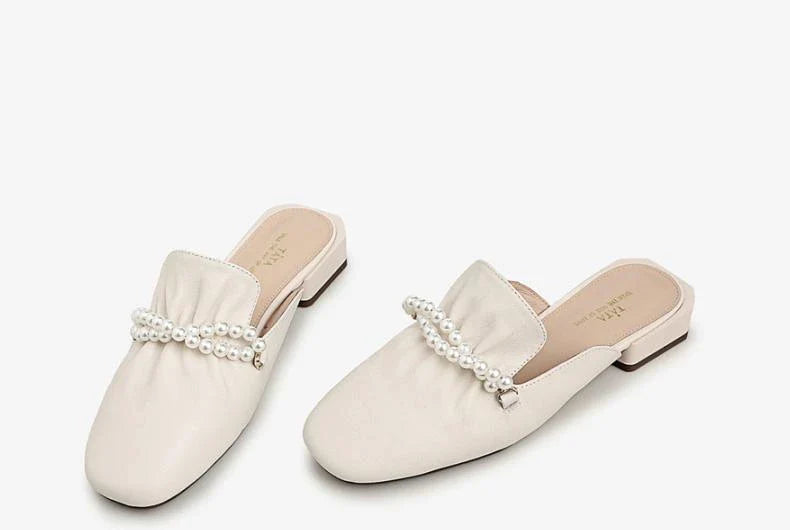 Premium cow leather women's slippers with square toe and pearl decoration