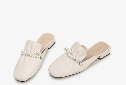 Premium cow leather women's slippers with square toe and pearl decoration