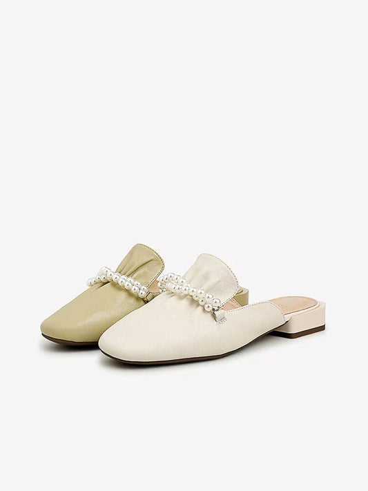 Premium cow leather women's slippers with square toe and pearl decoration