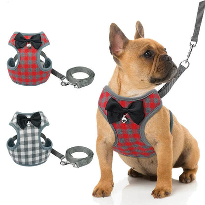 Plaid dog bow harness and leash sets in red colour, featuring adjustable fit and sturdy construction for a comfortable and secure walking experience.