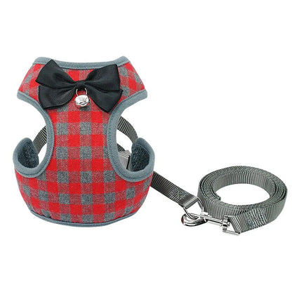 Plaid dog bow harness and leash sets in red colour, featuring adjustable fit and sturdy construction for a comfortable and secure walking experience.