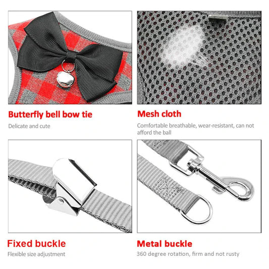 Plaid dog bow harness and leash sets in red colour, featuring adjustable fit and sturdy construction for a comfortable and secure walking experience.