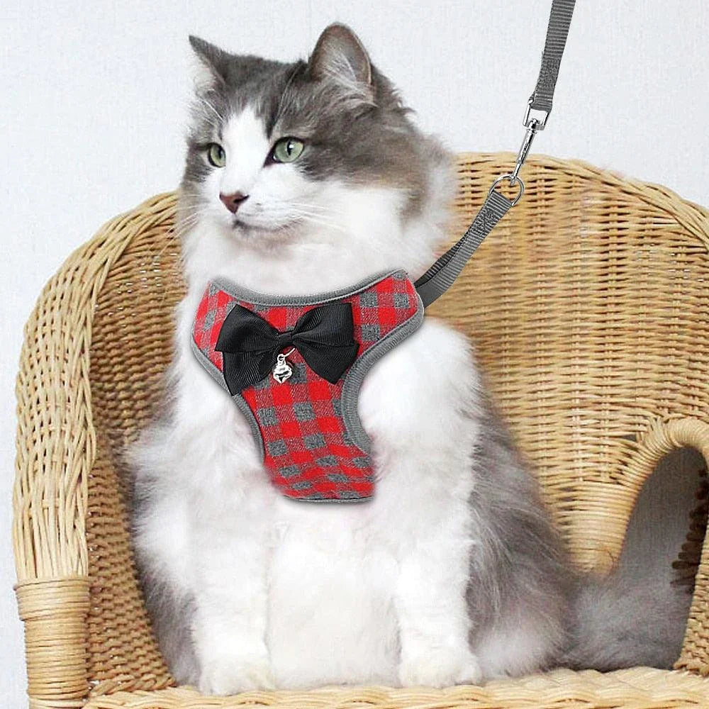 Plaid dog bow harness and leash sets in red colour, featuring adjustable fit and sturdy construction for a comfortable and secure walking experience.