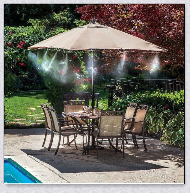 Premium outdoor misting system to cool your garden or patio during hot British summers