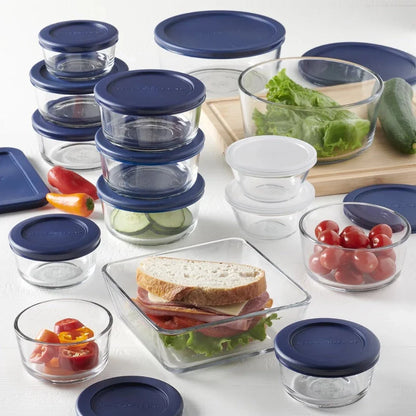 30-piece glass food storage set with navy lids, perfect for meal prep, leftovers, and pantry organization