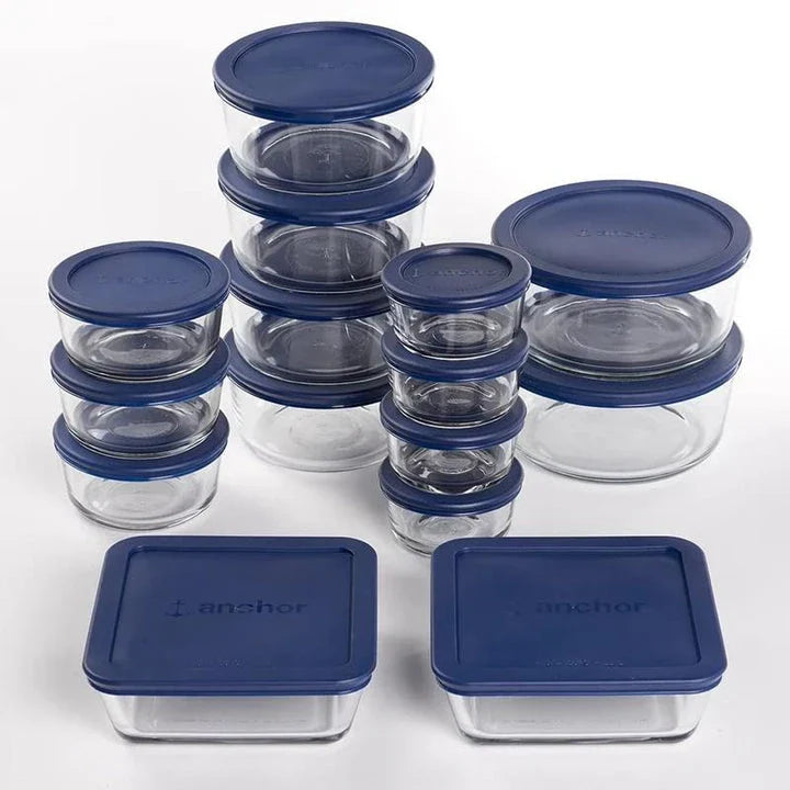 30-piece glass food storage set with navy lids, perfect for meal prep, leftovers, and pantry organization