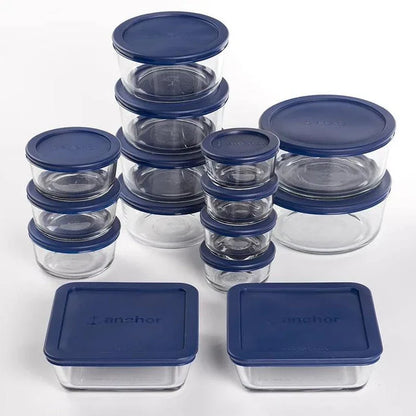 30-piece glass food storage set with navy lids, perfect for meal prep, leftovers, and pantry organization