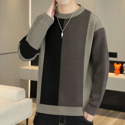 A cosy, warm brown and creamy white colour block jumper for men, featuring a crew neckline and long sleeves