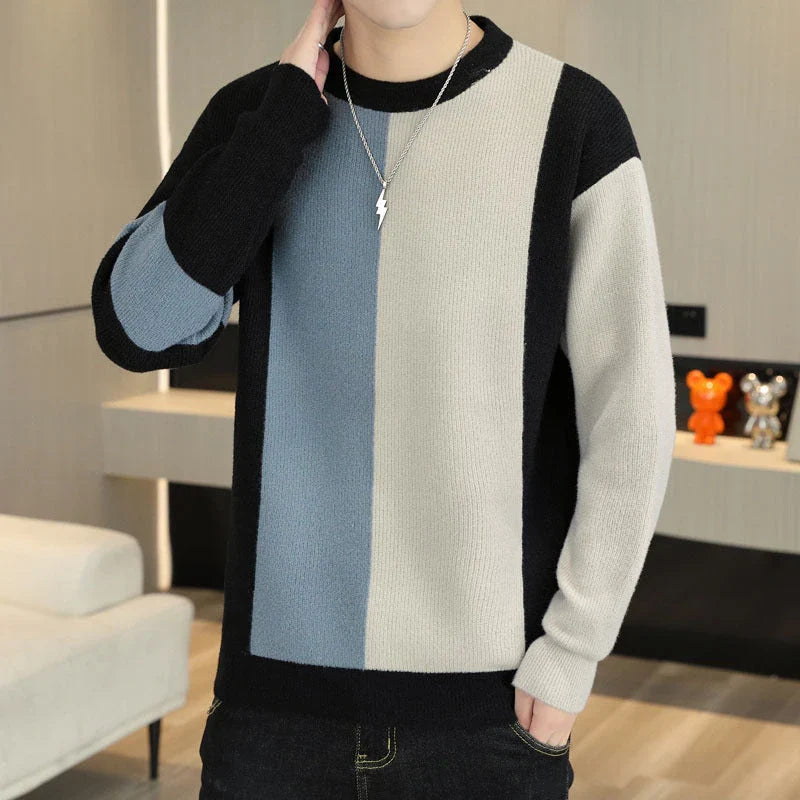 A cosy, warm brown and creamy white colour block jumper for men, featuring a crew neckline and long sleeves