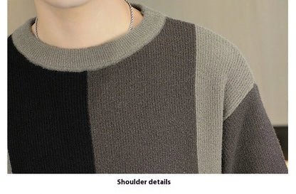 A cosy, warm brown and creamy white colour block jumper for men, featuring a crew neckline and long sleeves