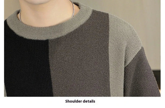 A cosy, warm brown and creamy white colour block jumper for men, featuring a crew neckline and long sleeves