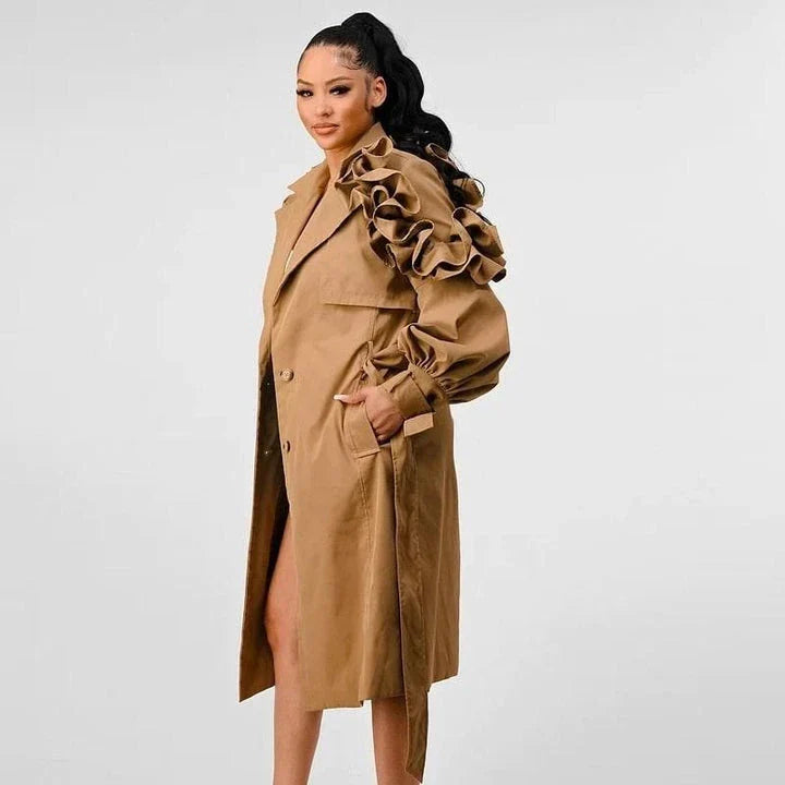 Frill Trim Windbreaker - A sophisticated and versatile trench coat for the modern woman