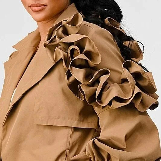 Frill Trim Windbreaker - A sophisticated and versatile trench coat for the modern woman