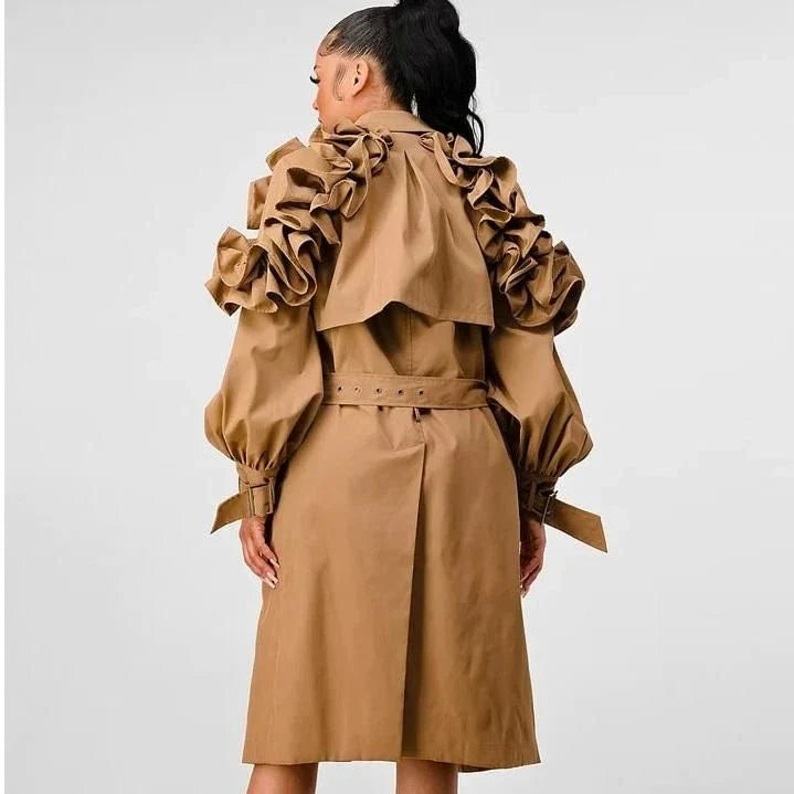 Frill Trim Windbreaker - A sophisticated and versatile trench coat for the modern woman