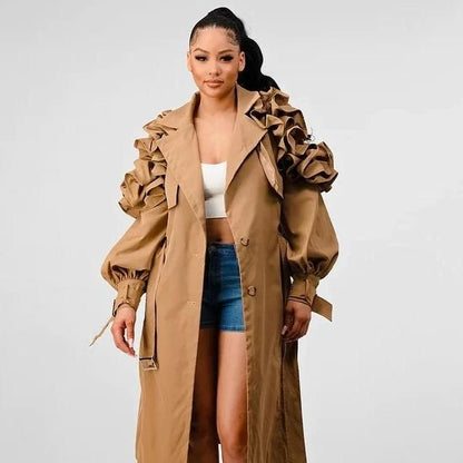 Frill Trim Windbreaker - A sophisticated and versatile trench coat for the modern woman