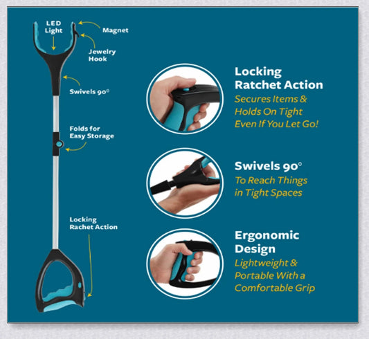 Portable Grabber and Reacher Tool with 90-degree swivelling head, locking ratchet mechanism, and LED light for easy pickup and grab in tight spaces