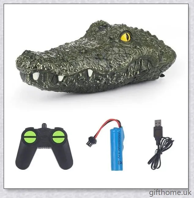 An electric high-speed remote control toy boat inspired by an alligator, with a manually correctable navigation rudder for precision control.