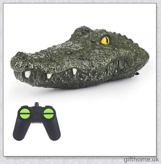An electric high-speed remote control toy boat inspired by an alligator, with a manually correctable navigation rudder for precision control.