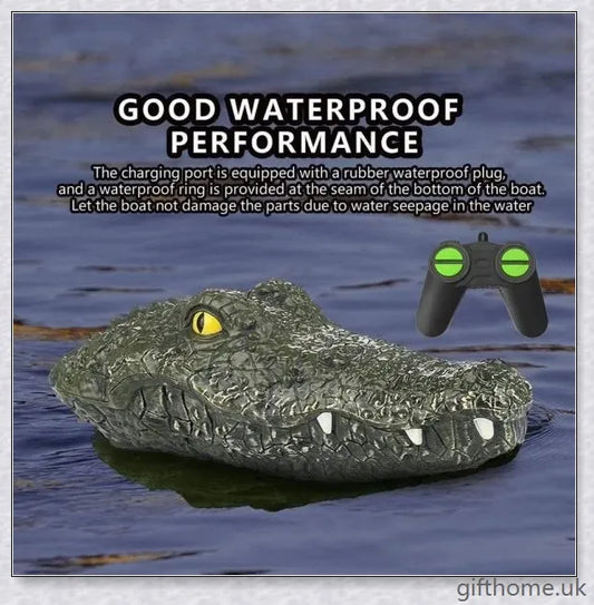 An electric high-speed remote control toy boat inspired by an alligator, with a manually correctable navigation rudder for precision control.