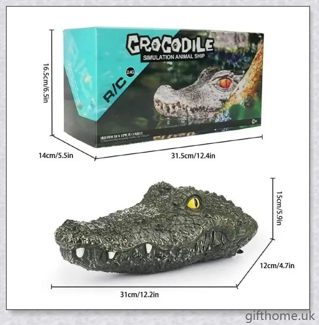 An electric high-speed remote control toy boat inspired by an alligator, with a manually correctable navigation rudder for precision control.