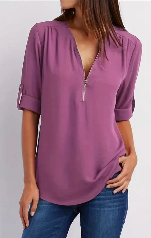 Women's ruched half zip V neck blouse in black, burgundy, or purple with rollable sleeves